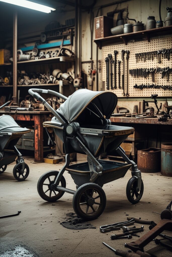 Manutenção do Carrinho de Bebê "Carrinho de bebê moderno em oficina bagunçada, com outros carrinhos e ferramentas ao fundo."