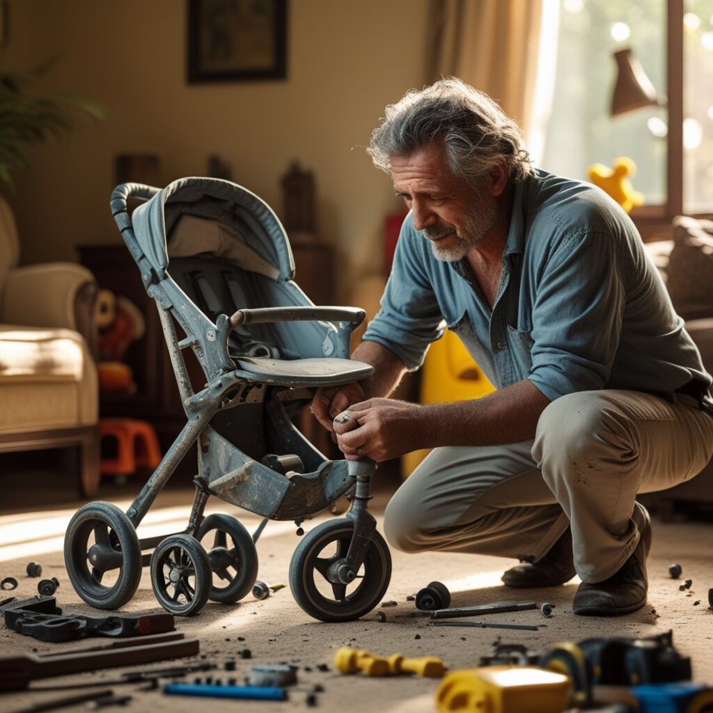 "Carrinho de bebê quebrado sendo reparado por um profissional."  " Manutenção do Carrinho de Bebê"