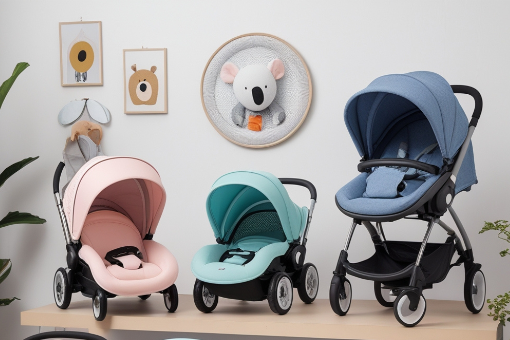 Três carrinhos de bebê coloridos em exposição, um rosa, um turquesa e um azul, em frente a uma parede decorada com quadros e um enfeite de coala." Litet, Voyage, Maxi-Cosi, Cosco, Multikids Baby, Burigotto, Carrinhos Litet, Carrinhos Voyage, Carrinhos Maxi-Cosi, Carrinhos Cosco, Carrinhos Multikids Baby, Carrinhos Burigotto.