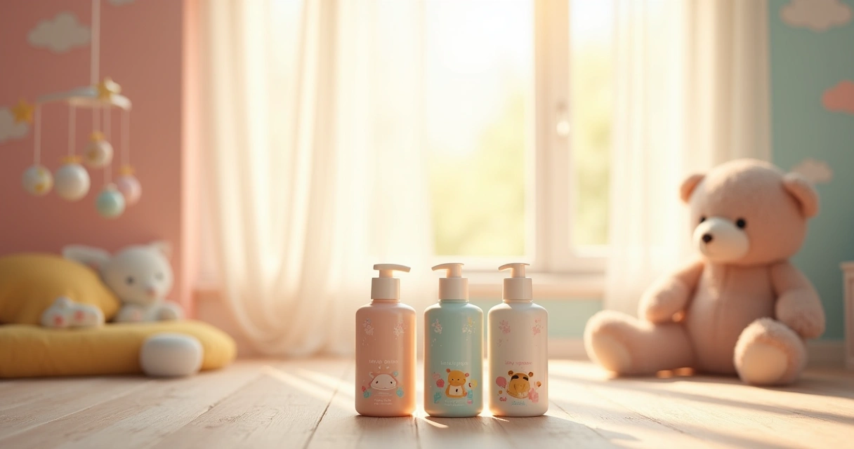 Um berçário acolhedor com frascos de shampoo para bebês em destaque, iluminado por luz suave.