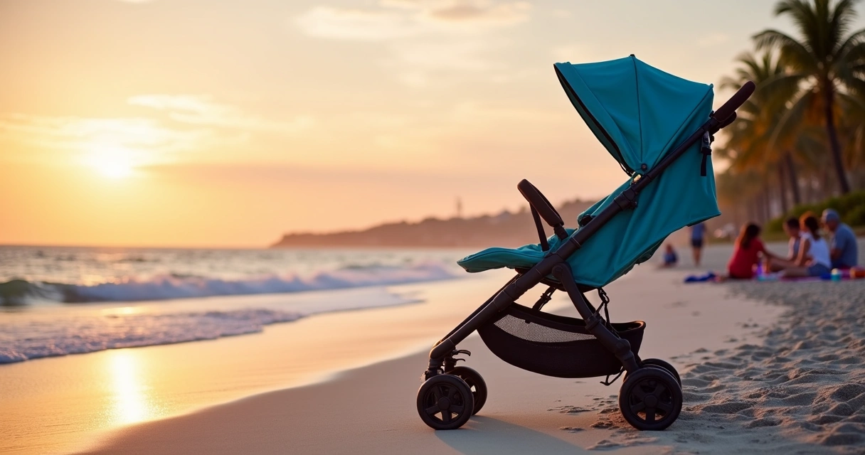 Carrinho de bebê para viagem em uma praia durante o pôr do sol, com uma atmosfera tranquila e familiar.