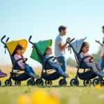 Cena ao ar livre com carrinhos de bebê coloridos para crianças com necessidades especiais em um campo.