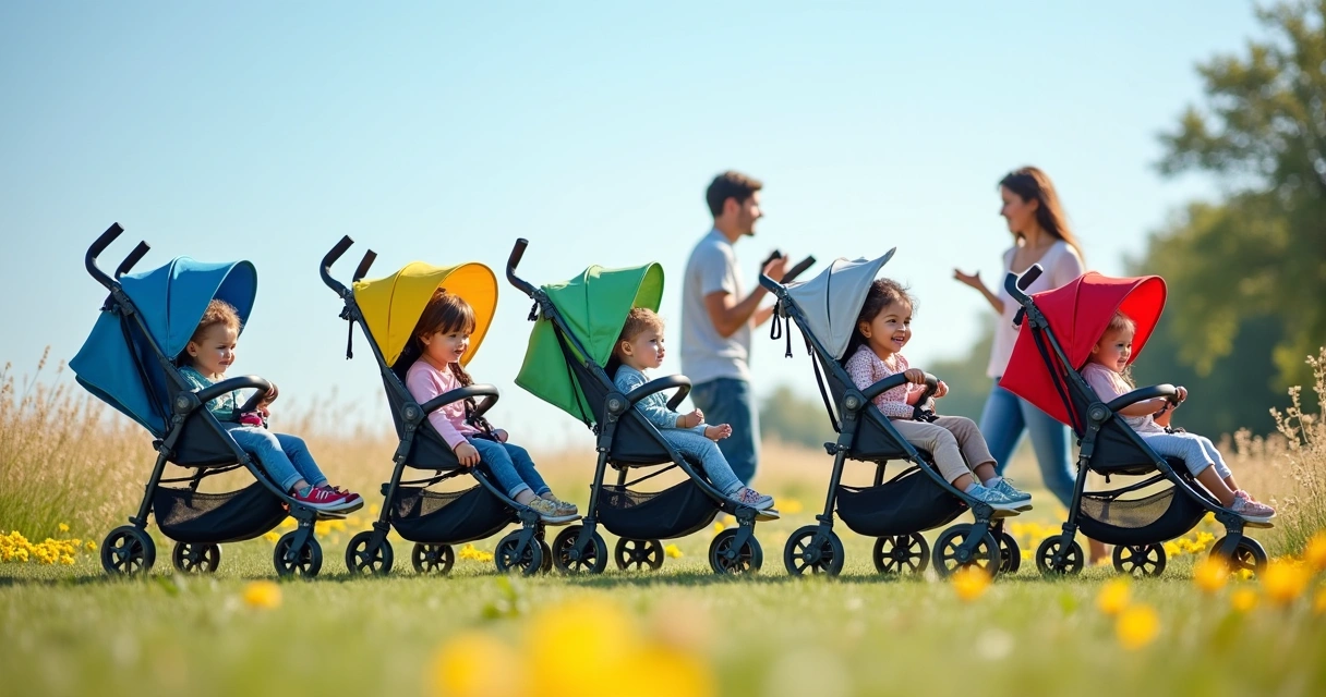 Cena ao ar livre com carrinhos de bebê coloridos para crianças com necessidades especiais em um campo.