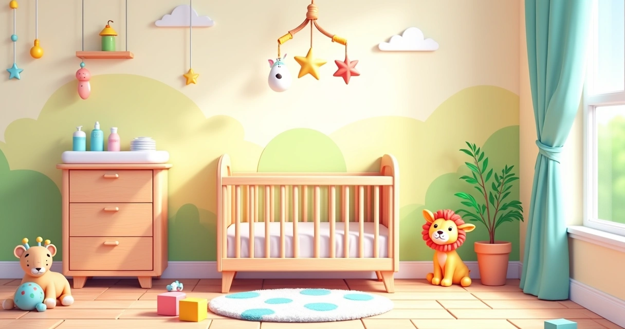 Ilustração de um quarto de bebê acolhedor com berço, trocador e decoração suave, promovendo higiene e cuidados.