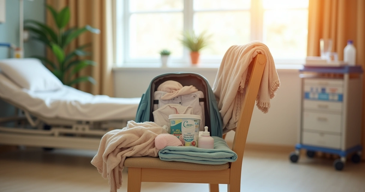 Quarto de maternidade com mochila organizada e itens essenciais para a nova mãe, como roupas de bebê e manta.
