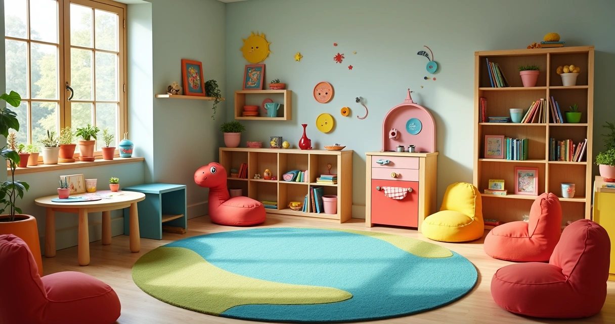 Uma sala de brinquedos colorida com móveis infantis, tapetes suaves e prateleiras cheias de brinquedos.